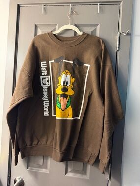 Disney Brown Pluto Graphic Crewneck Sweatshirt - Brown with Yellow Print